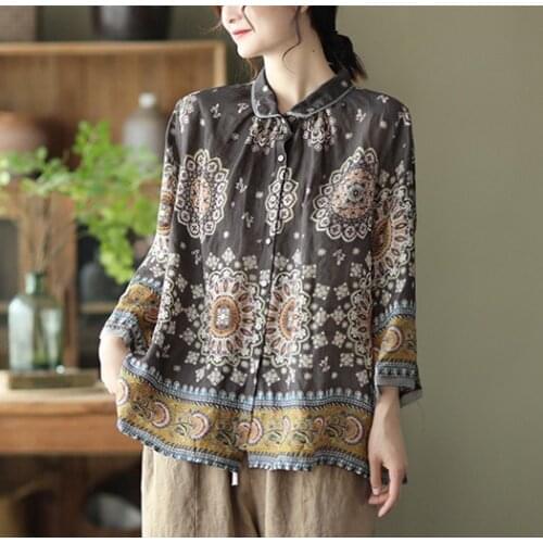 21New Women Shirts Summer Indie Folk Style Ramie Print Loose Turn-down Collar Single-Breasted Female Organza Tees Fashion