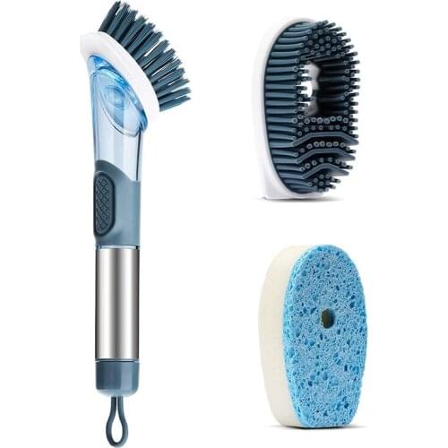 Dishwashing Brush with Soap Dispenser Heavy-Duty Kitchen Scrubbing Brush with Multi-Function Changing Head for Dishes