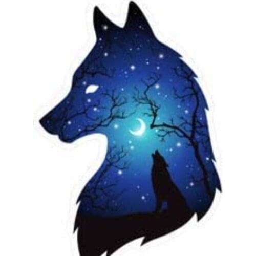 Silhouette of Wolf Moon and Stars Double Exposure Cover Scratches Anti-UV Waterproof Car Stickers Window Windshield Accessories