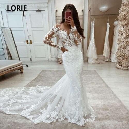 LORIE Boho Wedding Dresses Mermaid Lace Long Sleeves Wedding Gown Vintage White Ivory Custom Made Luxury Bridal Dress 2021