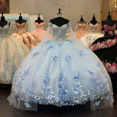 Light Blue Long Sleeves Quinceanera Dress with 3D Appliqued Off the Shoulder Pageant Gowns vestidos de 15 años