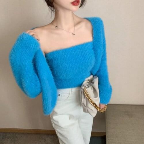 Sweater Coat Camisole Two-Piece Top Matching Sets for Women Mink Cardigan Womens Loose Short Long-Sleeved Sweater