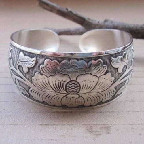 Women Peony Tibetan Bracelet Silver Cuff Bangles Antique Tibetan Silver for Women Cuff Bracelets Fashion Jewelry