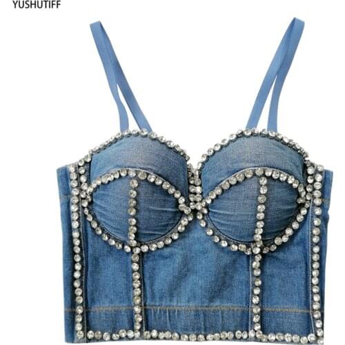 Autumn Lingerie Sexy Denim Rhinestone Women Cropped Top Night Club Party Corset Crop Tank Top Push Up Bustier Camis Built in Bra