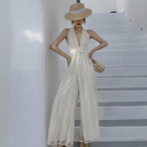 New Fashion Summer Beach Long Jumpsuits Women OL Elegant Vacation Clothes Sexy Deep V-Neck Halter Backless Lace Loose Jumpsuits