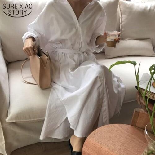 White Long Sleeve Shirt Dress 2021 Spring Fashion Women Long Dresses Turn Down Collar Single Breasted Sashes Vestidos 12806