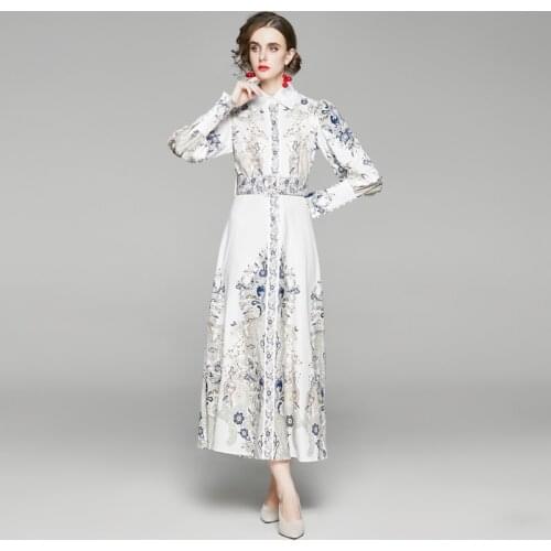 Women Dress Autumn Retro Printed Shirt Collar Trendy Puff Sleeve Slim Long Dress With Belt Eelgant Fashion Dress Women Y-223