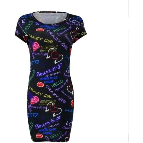 Summer Black Letter Print Mini Dresses 2019 New Summer Women Casual Short Sleeve O-Neck Slim Letter Print Mini Dress