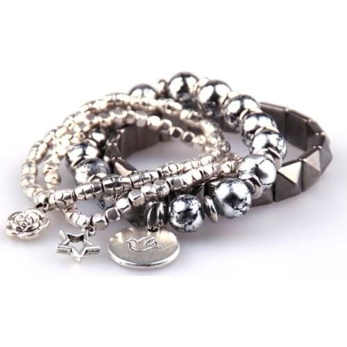 Free Shipping 4 row hyramid square beads Quail eggs Glass Beads bracelet with rose flower,bird,pentacle charm Women bracelet