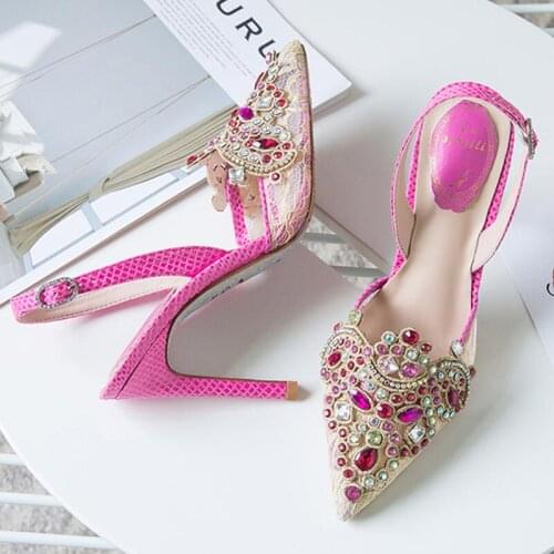 Bling Rhinestones High Heel Summer Wedding Sandals Women Pointed Toe Sandalias Mujer Stilettos Ladies Shoes Slingback Pumps