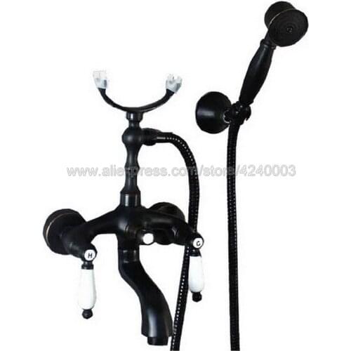 Black Oil Rubbed Brass Dual Handles Brass Bathtub Faucet Set Wall Mount with Handshower Bath Shower Mixer Taps Ktf020