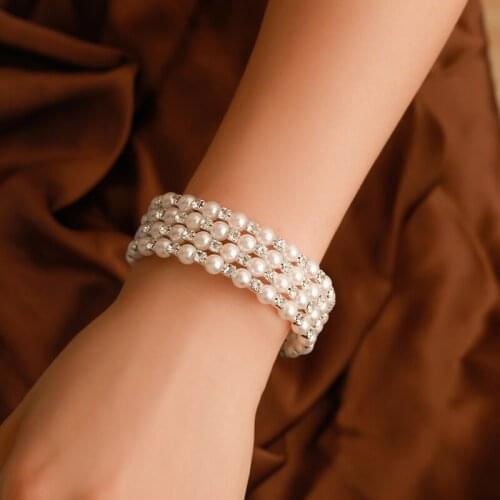 Four-Layer White Simulated Pearls Rhinestone Beads Spring Bride Alloy Plastic Twining Spiral Bracelets for Women