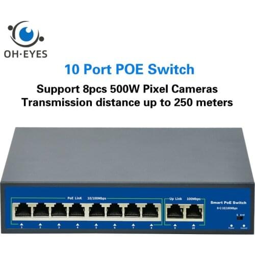 10Port POE Ethernet Switch 52V VLAN 10/100Mbps IEEE 802.3 Af/at Standard Network Switch for CCTV IP Camera Wireless AP 250M