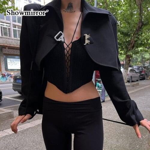 Showmirror Harajuku Casual Black Suit Cropped Jacket Women Autumn Long Sleeve Short Coats Female Single Botton Winter