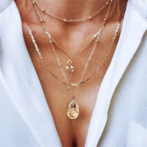 Fashion Personality Necklace Multi-layer Chain Necklace Gold Rose Choker Necklace Religion Jesus Virgin Mary Necklace 2701