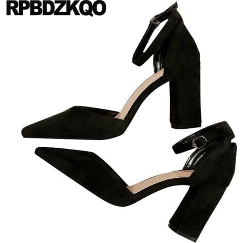 Block Heels Shoes For Women Suede Black Size 4 34 Cheap Pointed Toe Pumps Thick Ankle Strap 2021 Yellow 8cm High China Chunky