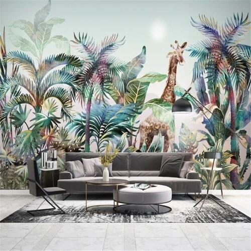 Milofi custom wallpaper mural Nordic hand-painted tropical plants forest watercolor giraffe small fresh light luxury background