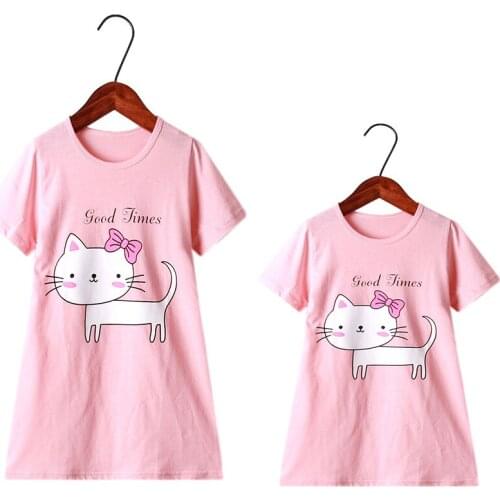 Unini-yun 2021 New Family Outfit Matching Mom and Daughter Clothes Cartoon Girls Cotton Nightdress Short Sleeve Sleep Skirts