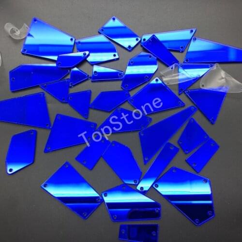 Wholesale! 90pcs/30pcs Blue Color Acrylic Mirror Sew on Rhinestones with Potective Film and Holes for Sewing Dress Making