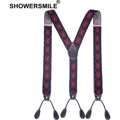SHOWERSMILE Suspenders Button Y Back Argyle Suspender For Men Vintage Wedding Elastic Male Shirt Suspender with 6 Buttons 120cm
