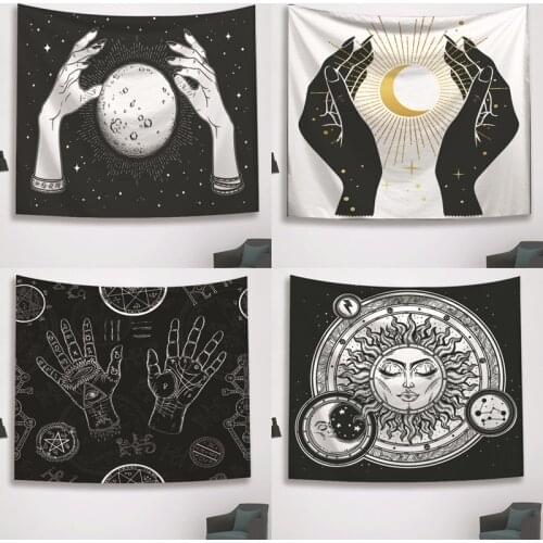 Psychedelic Black and White Tapestry Witchcraft Hand Wall Hanging Tapestry Moon Sun Star Print Tarot Throw Blanket Home Decor