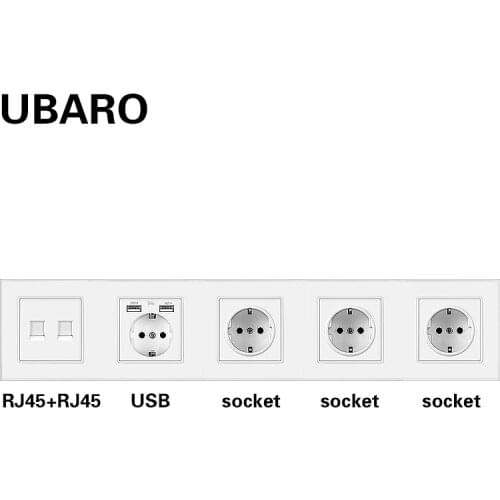 UBARO German Standard Crystal Glass Panel Wall Socket With Weak RJ45/RJ11/ TV Connection Plug Sockets Home Outlet AC110-250V 16A