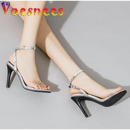 Ankle Strap Transparent Women Sandals Summer One Word String Bead New Fairy Style Thin High Heels Sexy Party Crystal Women Shoes