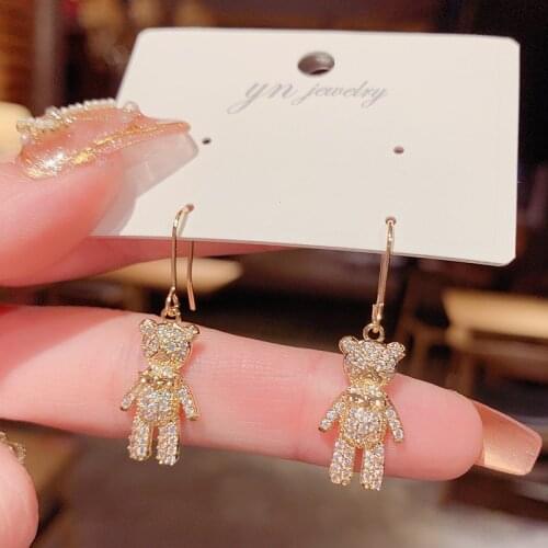 Cute Girl Inlaid Zircon Little Bear Earrings For Women Gold Color Tiny Bling Stud Earring Wedding Accessories Jewelry Gfit