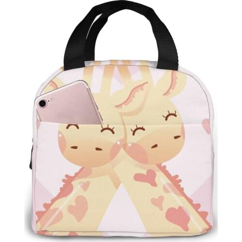 Cute Animal Couple With Giraffes Cooler Bag Portable Zipper Thermal Lunch Bag Convenient Lunch Box Tote Food Bag