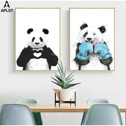 Cute Love Gesture Panda Canvas Prints Boxing Painting Poster Modern Wall Art Picture Mural for Kids Room Living Room Decoration