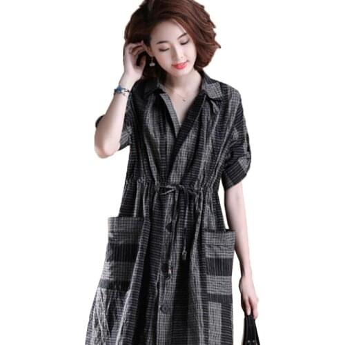 Large Size Trench Coat Long Section Seven-Point Sleeve Striped Lattice Windbreaker Female Spring Autumn New Casual Outerwear C85