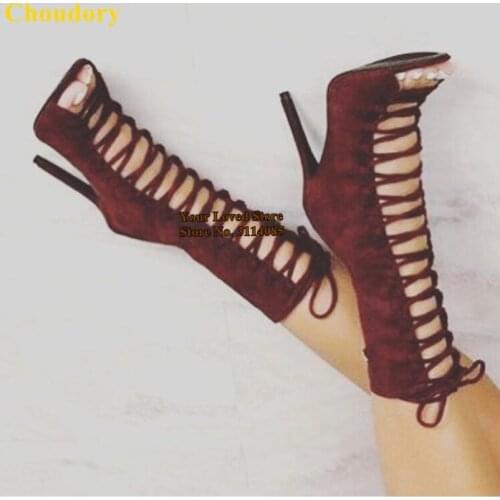 Choudory Bungurdy Suede Lace Up Mid-calf Boots Thin High Heel Open Toe Wine Red Black Pumps Cross Strappy Tied Middle Boots Shoe