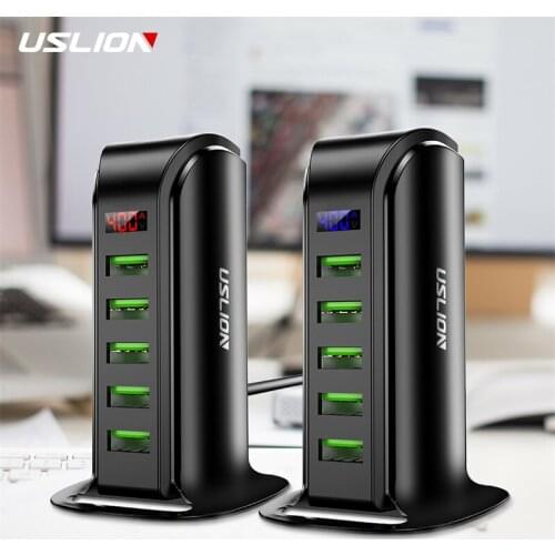 USLION 5 Port USB Charger HUB LED Display Multi USB Charging Station Dock Universal Mobile Phone Desktop Wall Home EU UK Plug