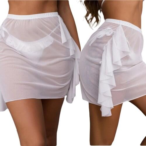 Female Cover Up Skirt Solid Color High Waist Package Hip Ruffled Skirts See-Through Beach Dress for Summer
