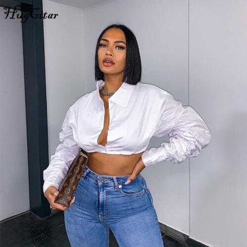 Hugcitar 2020 Long Puff Sleeve Solid Botton Ruched Patchwork Tshirt Top Autumn Winter Women Fashion Sexy Party Club Outfits