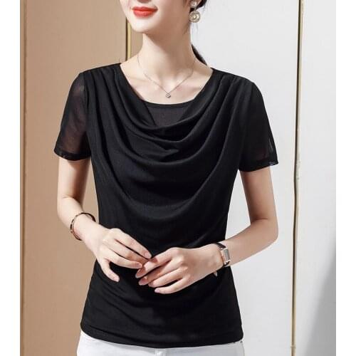 M-5XL Fashion Office Lady Sexy O-Neck Short Sleeve Mesh T-Shirt Women Spring Summer Casual Top Tees Clothing Girls' Party Shirt