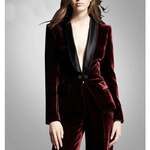 Burgundy Velvet Formal Suits 2 Pcs (Jacket+Pants)Womens Ladies Party Evening Prom Wedding Tuxedos