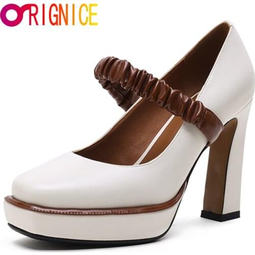 Orignice Stylish Women Mary Jane Platform Pumps Genuine Leather Pleated Strap 10 cm Thick High Heels Round Toe Dress Party Shoes