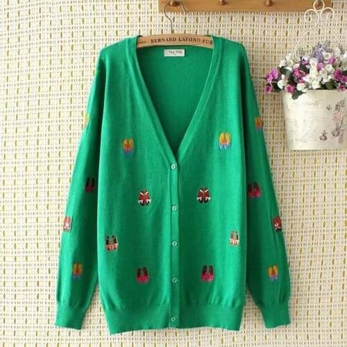 Plus size cardigans for women 2021 autumn V-Neck embroidery Womens oversize sweater green red black Womens clothing