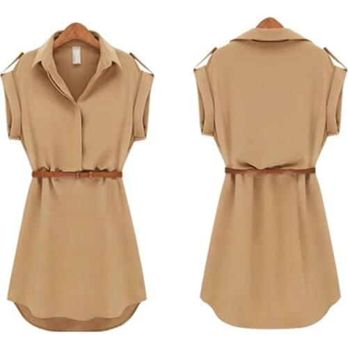 Women Casual Summer Shirt Dress Summer Dress 2019 Loose Short Sleeve Dress With Belt Turn Down Collar Autumn Dress Vestidos
