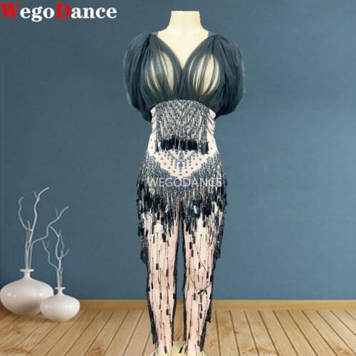 Women Sexy Mesh Tassel Sequin Bodysuit Nightclub Prom Celebration DJ Singer Stage Jumpsuit Dancer Stretch Skinny Nude Rompers