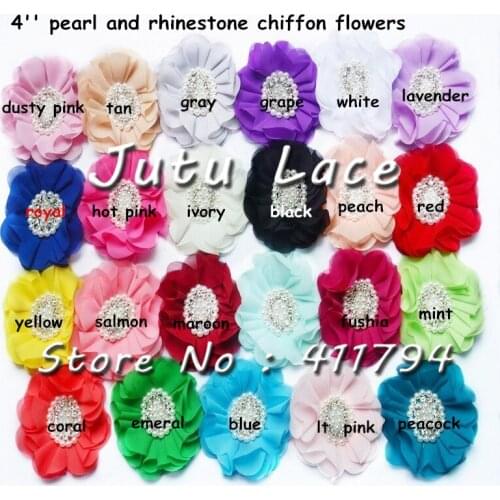 120 pcs / lot , 4'' shabby chiffon flowers with rhinestone for headband 23 colors