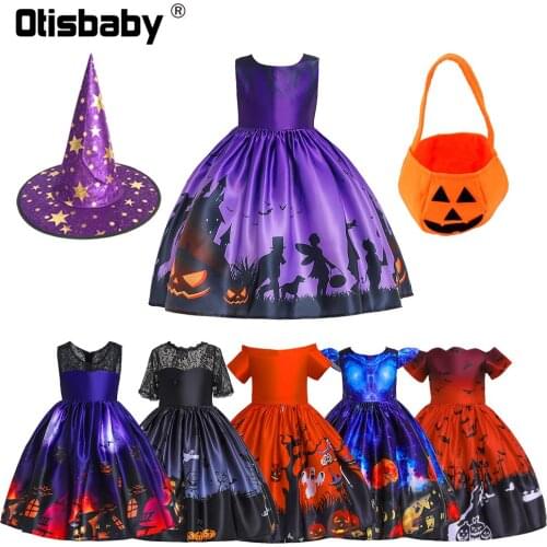 2021 Halloween Vampirina Dress for Girls Toddler Party Carnival Witch Costume Masquerade Kids Pumpkin Ghost Dress Up Candy Bag