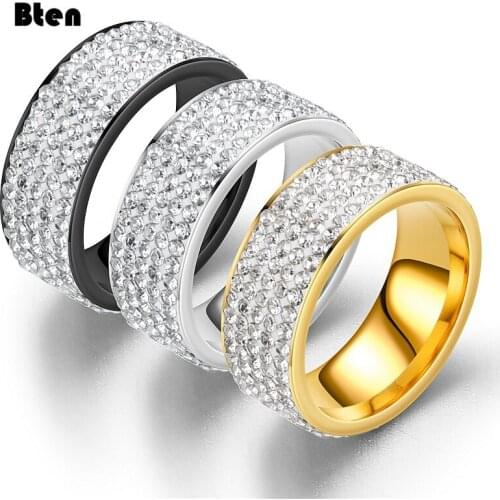 Bten Classic Design New Gold Silver Black Color Crystal Stainless Steel Ring Wedding Engagement Ring Women Men Jewelry