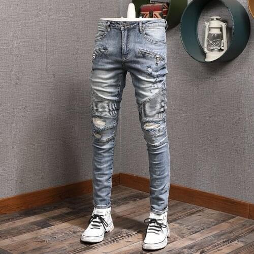 American Streetwear Fashion Men Jeans Retro Blue Elastic Slim Fit Punk Ripped Jeans Men Patch Designer Hip Hop Denim Biker Pants