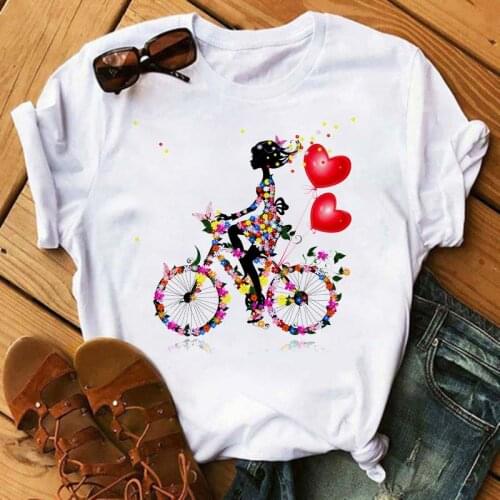 Bike And Sunflower Printed T Shirt Women Summer Casual Tshirts Tees Harajuku Korean Style Graphic Tops Female T-shirt