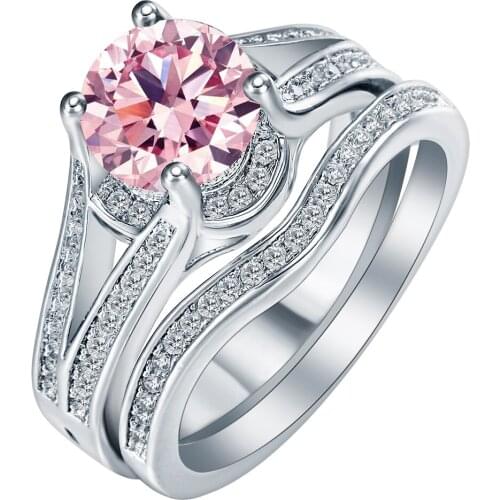 Hainon Pink Blue Purple Crystal Fashion Silver Color CZ Jewelry Wedding Rings Sets 2pc Finger Rings Sets Jewellery for Women