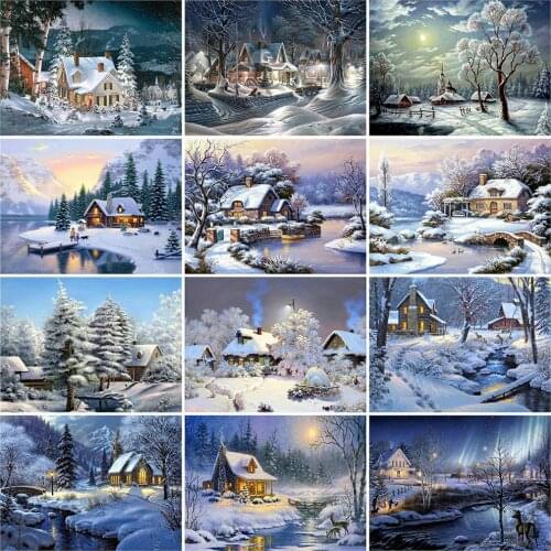 HUACAN 5D Diamond Painting House Landscape Full Square Round Diamond Embroidery Winter Mosaic Snow Needlework Decor For Home