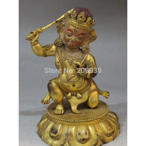 Huij 007134 7" Nepal Tibet Fane Bronze 24K Gold Manjushri Kwan-yin Hold Sword Buddha Statue