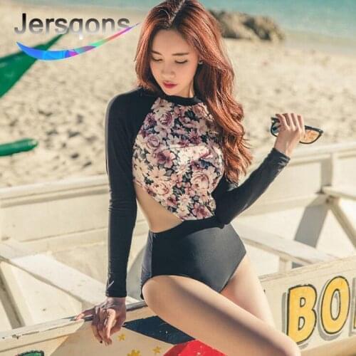Jersqons Lady Printed Surfing Swimsuit Long Sleeve Sunsreen Swimwear Women One Piece Rash Guard Bathing Suit